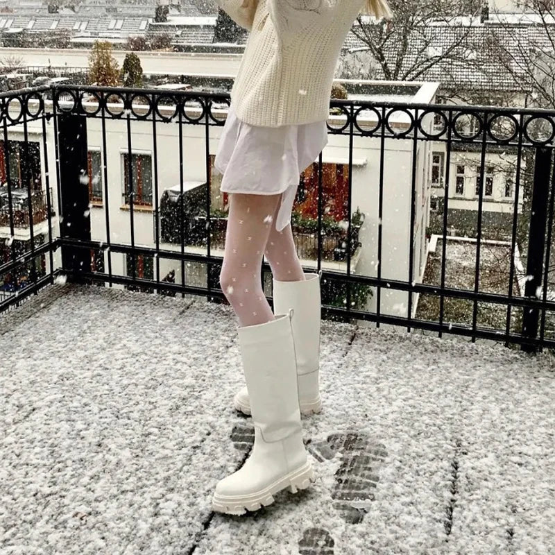 Women’s Cowhide Platform Riding Boots – Punk Leather Knee-Highs with Square Heels for Heavy Winter Impact