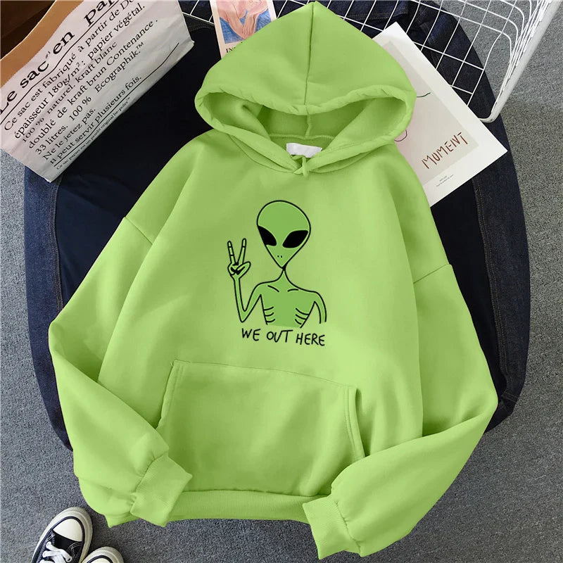 New Green Alien Sweatshirts Cute Cartoon Streetwear Women Hoodie Girls Winter Fashion Funny TopsPullover Loose