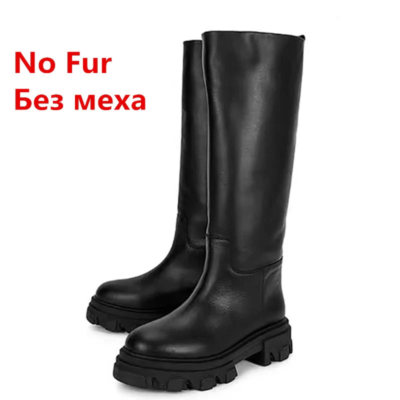 Women’s Cowhide Platform Riding Boots – Punk Leather Knee-Highs with Square Heels for Heavy Winter Impact