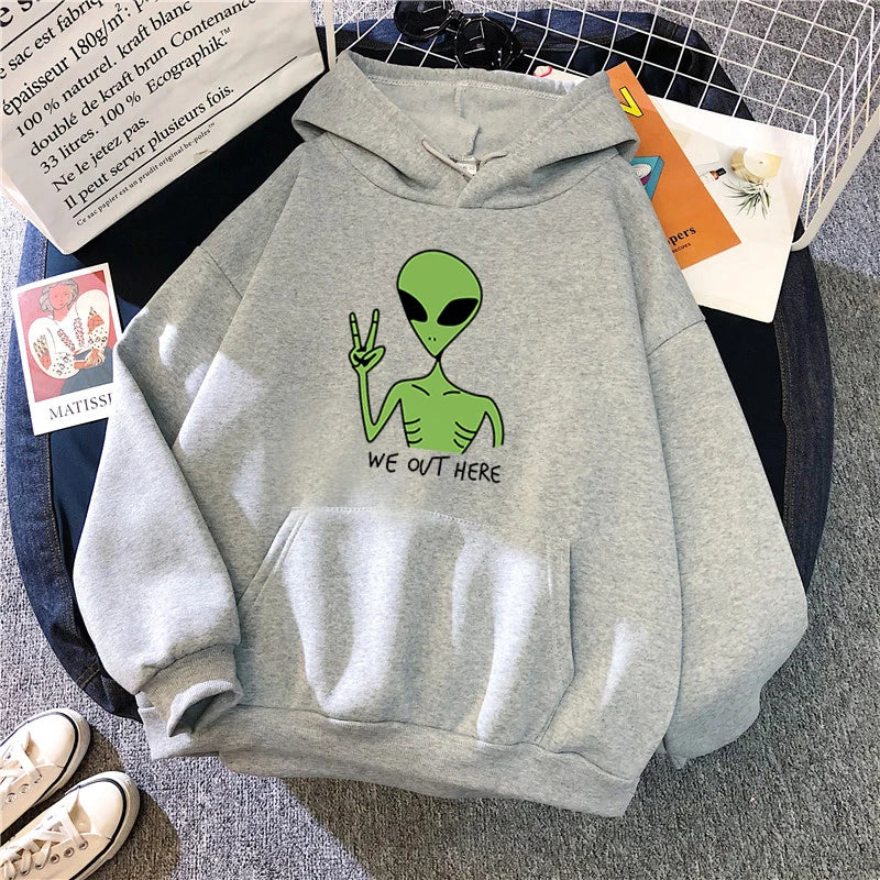 New Green Alien Sweatshirts Cute Cartoon Streetwear Women Hoodie Girls Winter Fashion Funny TopsPullover Loose