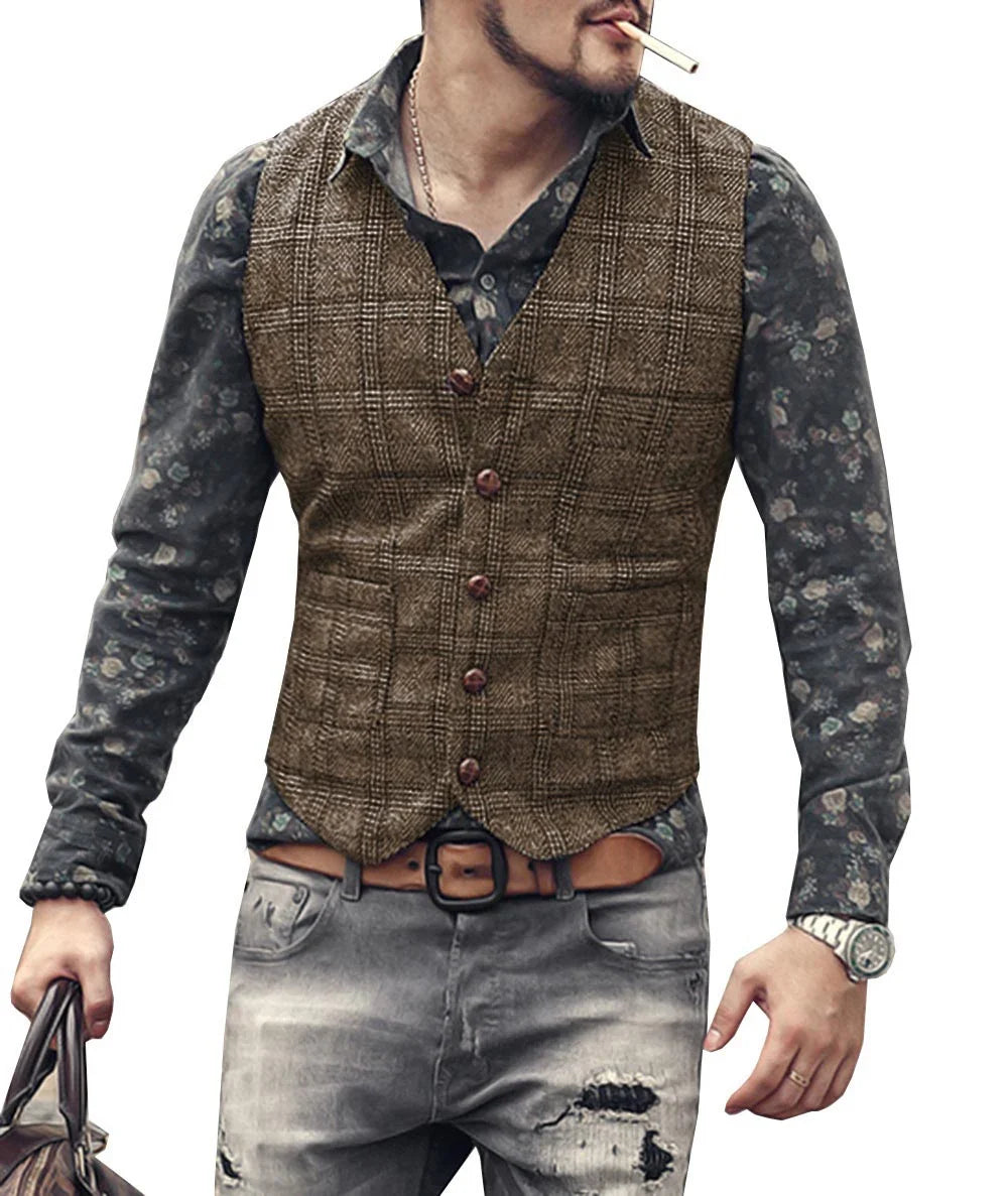 Men’s Vintage Tweed Plaid Vest – Classic Slim Fit Waistcoat for Weddings & Business