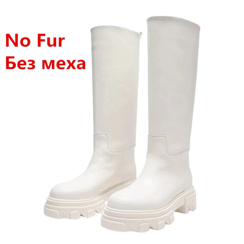 Women’s Cowhide Platform Riding Boots – Punk Leather Knee-Highs with Square Heels for Heavy Winter Impact