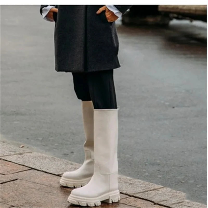 Women’s Cowhide Platform Riding Boots – Punk Leather Knee-Highs with Square Heels for Heavy Winter Impact