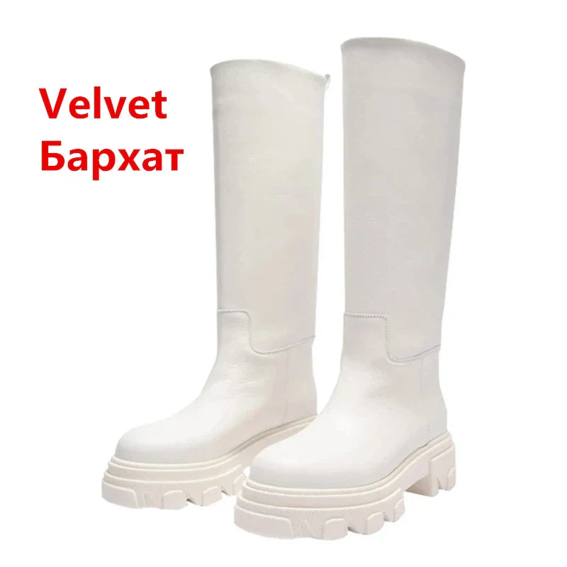 Women’s Cowhide Platform Riding Boots – Punk Leather Knee-Highs with Square Heels for Heavy Winter Impact