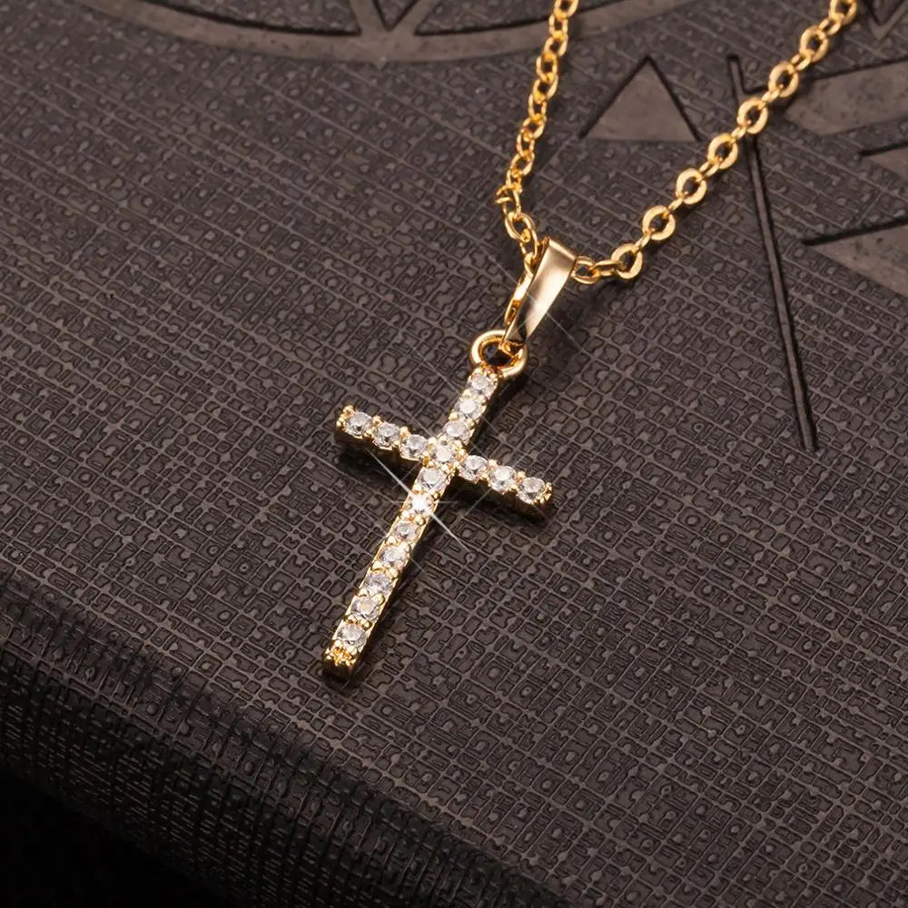 Golden & Silver Crystal Jesus Cross Pendant Necklace – Fashion Jewelry for Men & Women, Trendy Faith-Inspired Statement Piece