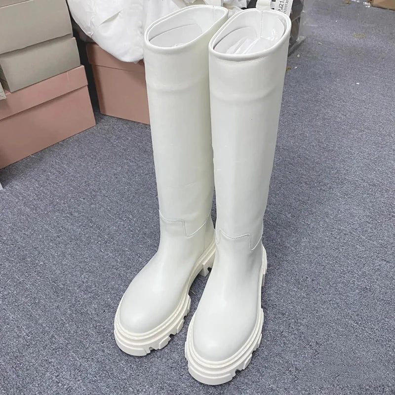Women’s Cowhide Platform Riding Boots – Punk Leather Knee-Highs with Square Heels for Heavy Winter Impact