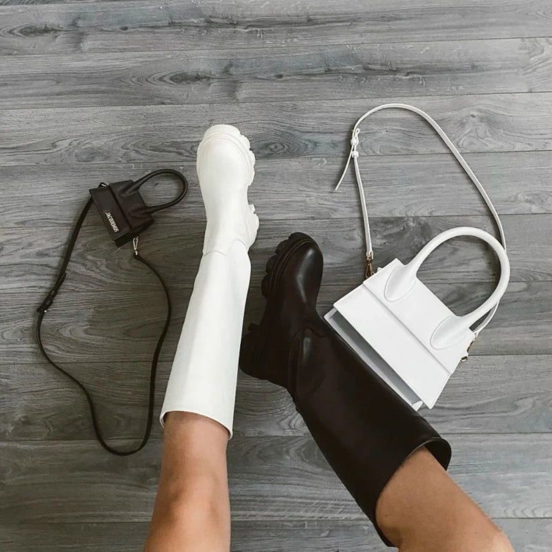 Women’s Cowhide Platform Riding Boots – Punk Leather Knee-Highs with Square Heels for Heavy Winter Impact