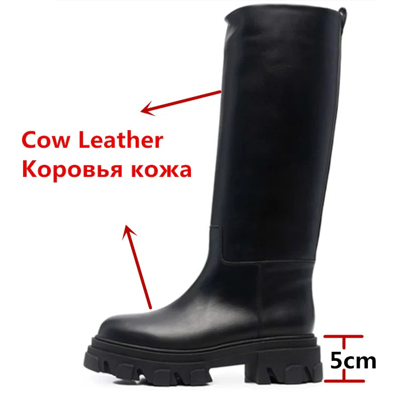 Women’s Cowhide Platform Riding Boots – Punk Leather Knee-Highs with Square Heels for Heavy Winter Impact