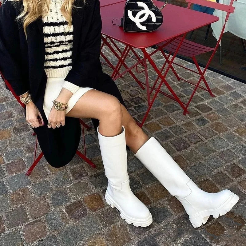 Women’s Cowhide Platform Riding Boots – Punk Leather Knee-Highs with Square Heels for Heavy Winter Impact