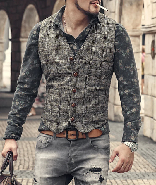 Men’s Vintage Tweed Plaid Vest – Classic Slim Fit Waistcoat for Weddings & Business
