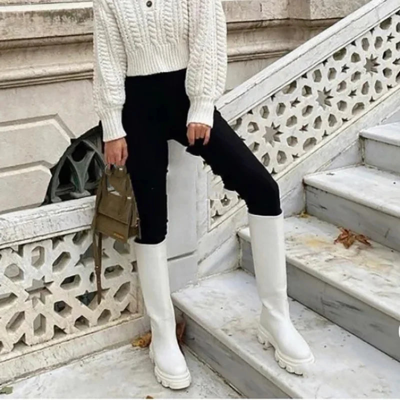 Women’s Cowhide Platform Riding Boots – Punk Leather Knee-Highs with Square Heels for Heavy Winter Impact