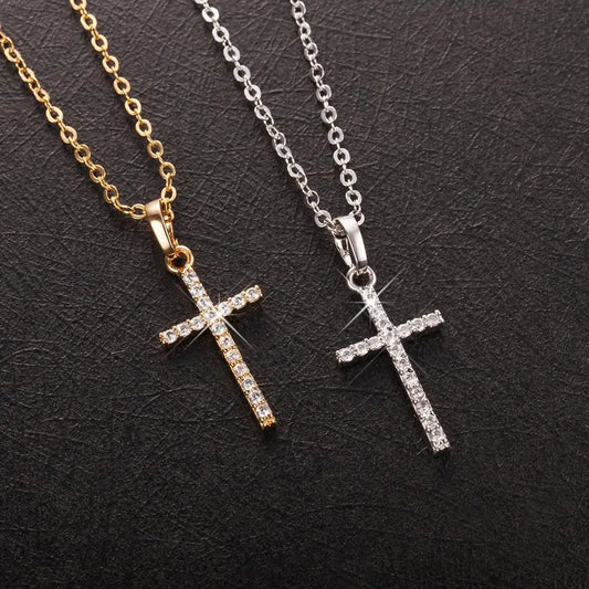 Golden & Silver Crystal Jesus Cross Pendant Necklace – Fashion Jewelry for Men & Women, Trendy Faith-Inspired Statement Piece