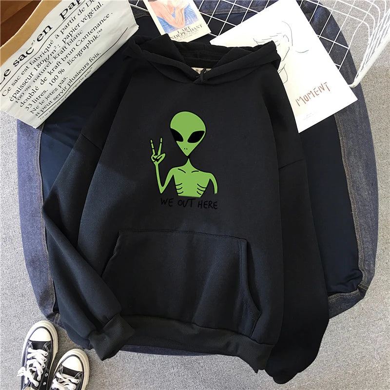 New Green Alien Sweatshirts Cute Cartoon Streetwear Women Hoodie Girls Winter Fashion Funny TopsPullover Loose