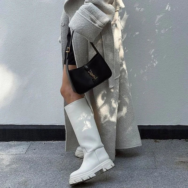 Women’s Cowhide Platform Riding Boots – Punk Leather Knee-Highs with Square Heels for Heavy Winter Impact