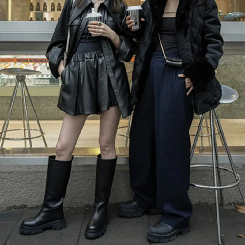 Women’s Cowhide Platform Riding Boots – Punk Leather Knee-Highs with Square Heels for Heavy Winter Impact