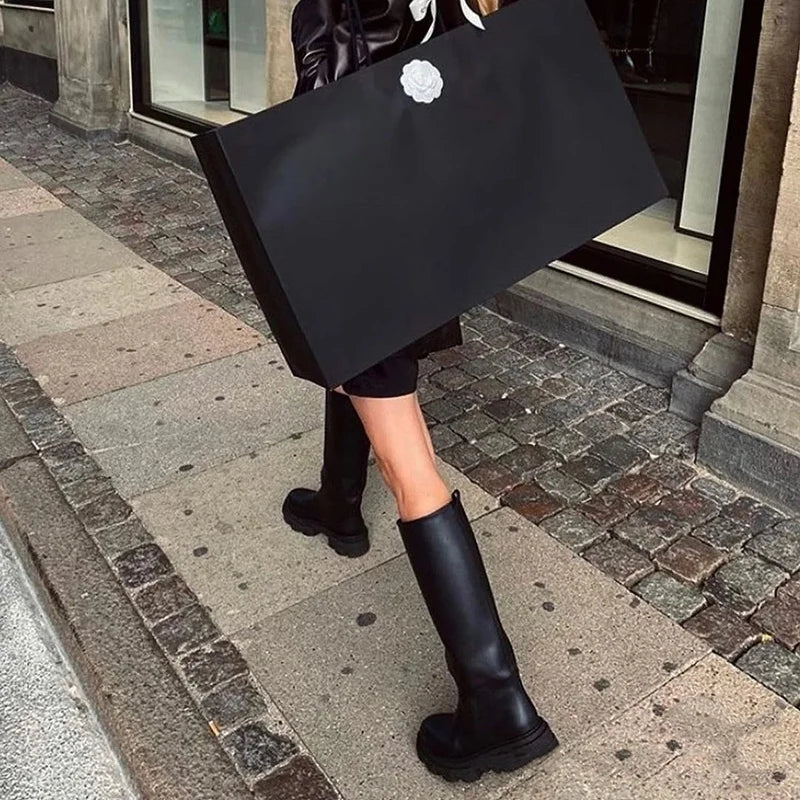 Women’s Cowhide Platform Riding Boots – Punk Leather Knee-Highs with Square Heels for Heavy Winter Impact