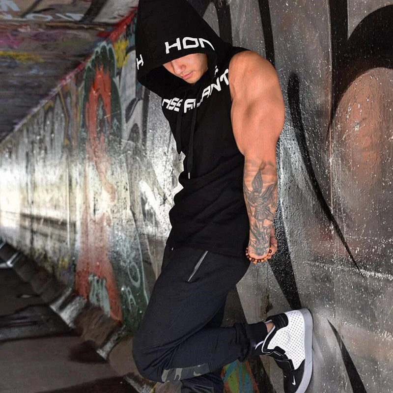 RiotSleeve Hooded Gym Vest — Cotton Combat Muscle Hoodie for Chaos Workouts & Street Reps