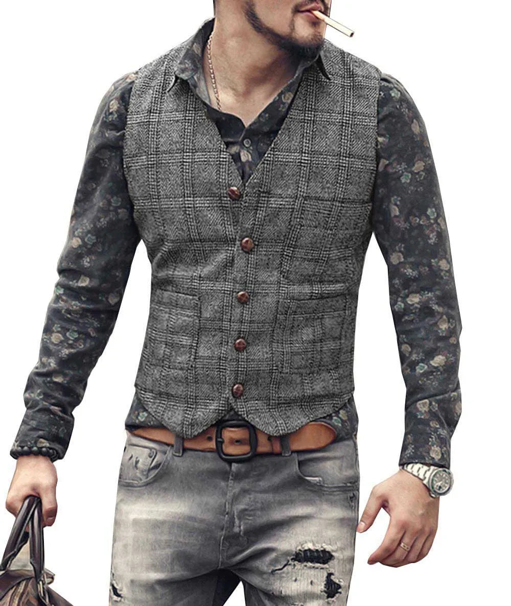 Men’s Vintage Tweed Plaid Vest – Classic Slim Fit Waistcoat for Weddings & Business