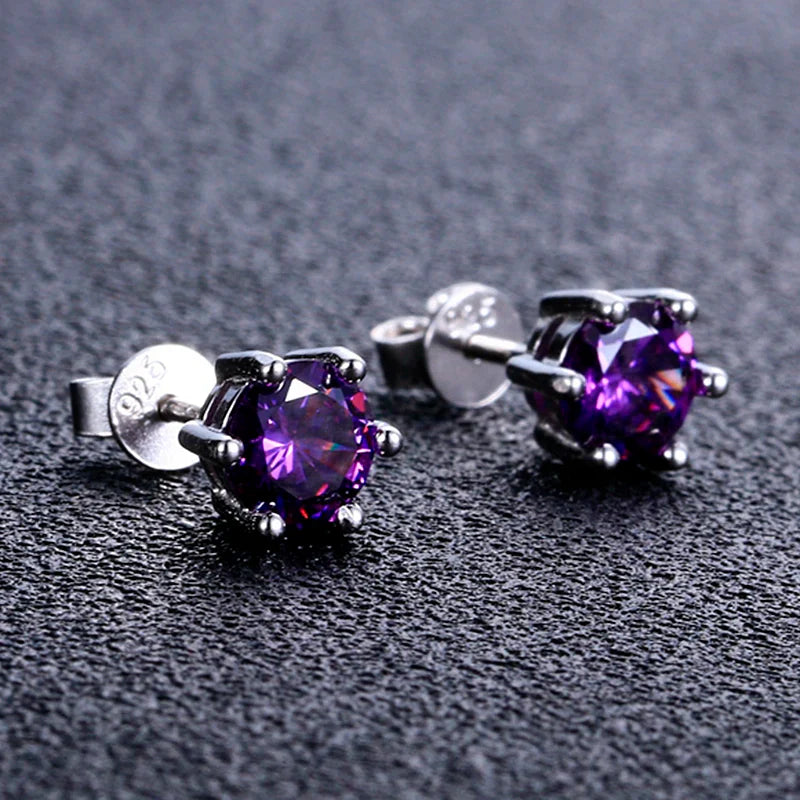 Twilight Spark Amethyst Studs – radiant round-cut silver earrings for weddings, nights out & everyday magic