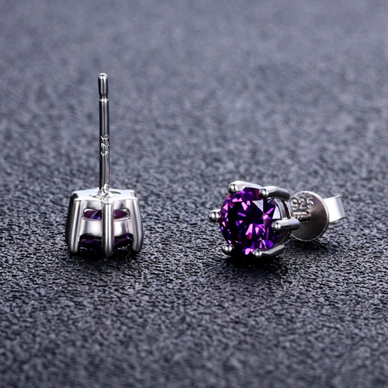 Twilight Spark Amethyst Studs – radiant round-cut silver earrings for weddings, nights out & everyday magic