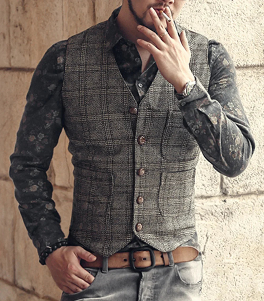 Men’s Vintage Tweed Plaid Vest – Classic Slim Fit Waistcoat for Weddings & Business
