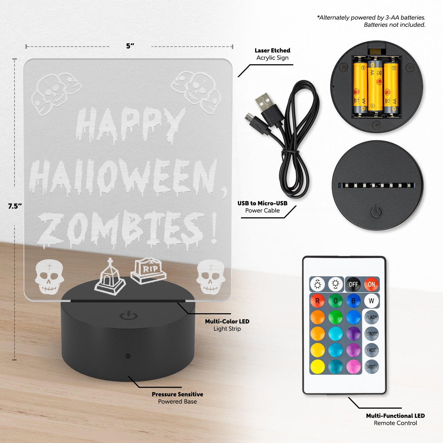 Happy Halloween, Zombies! Custom Acrylic LED Sign – Laser-Etched Design with Remote Control