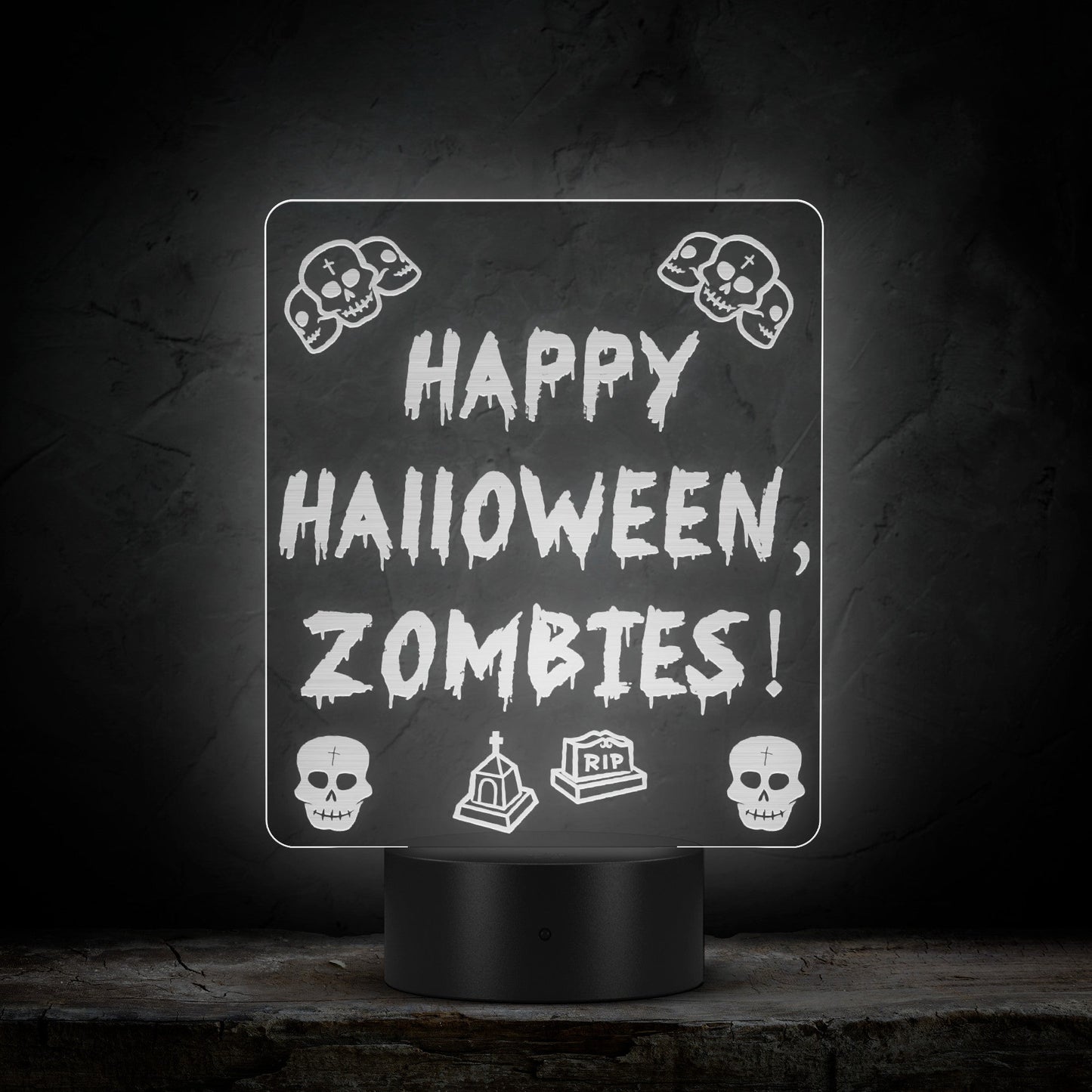Happy Halloween, Zombies! Custom Acrylic LED Sign – Laser-Etched Design with Remote Control
