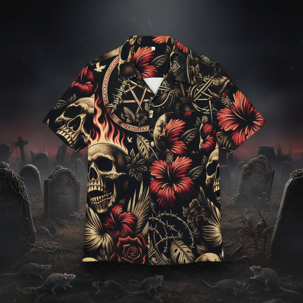 Skull & Floral Hawaiian Shirt - Summer Vibes, Unisex Button-Up for Beach, Concert, Vacation, Festival, Casual Wear