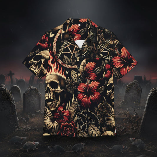 Skull & Floral Hawaiian Shirt - Summer Vibes, Unisex Button-Up for Beach, Concert, Vacation, Festival, Casual Wear
