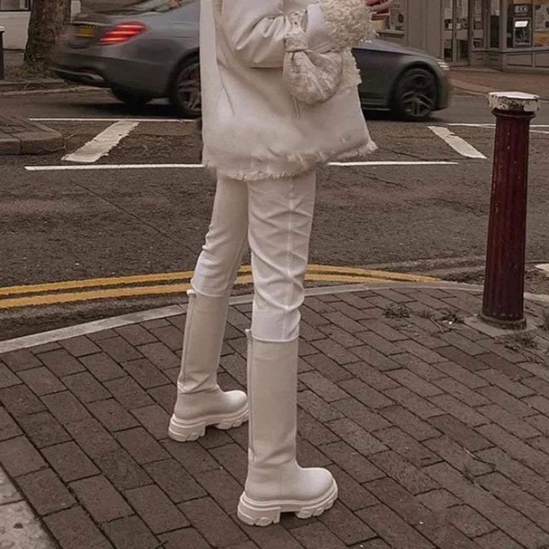 Women’s Cowhide Platform Riding Boots – Punk Leather Knee-Highs with Square Heels for Heavy Winter Impact