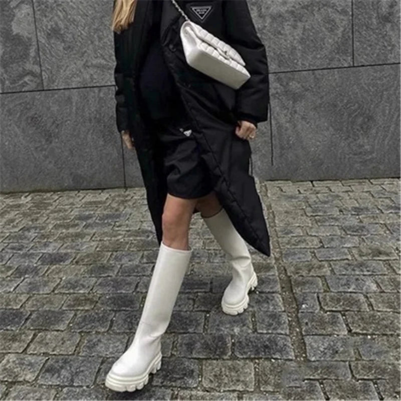 Women’s Cowhide Platform Riding Boots – Punk Leather Knee-Highs with Square Heels for Heavy Winter Impact