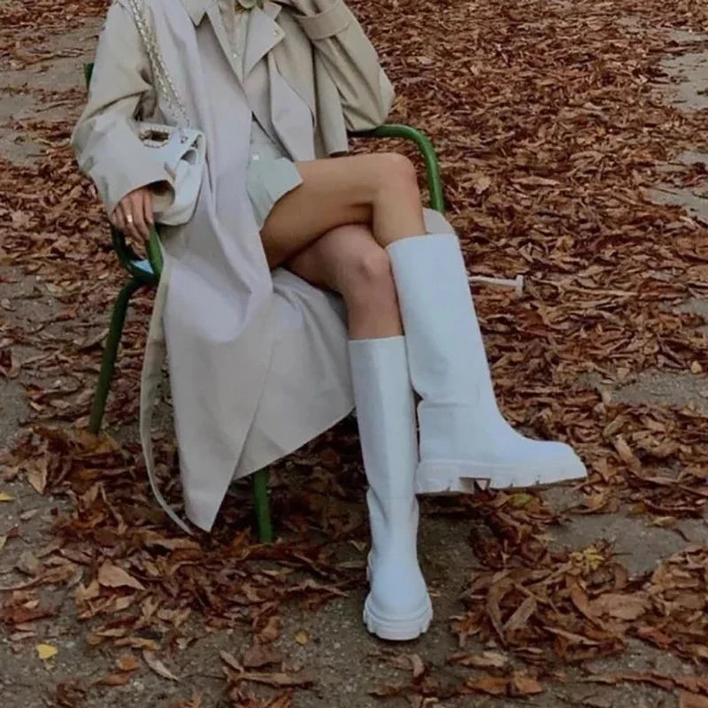 Women’s Cowhide Platform Riding Boots – Punk Leather Knee-Highs with Square Heels for Heavy Winter Impact