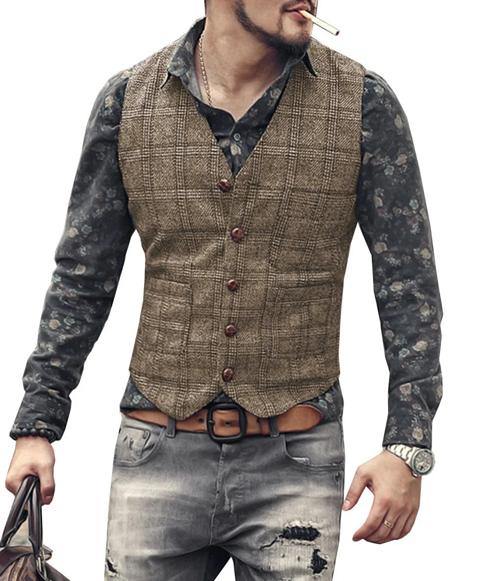 Men’s Vintage Tweed Plaid Vest – Classic Slim Fit Waistcoat for Weddings & Business