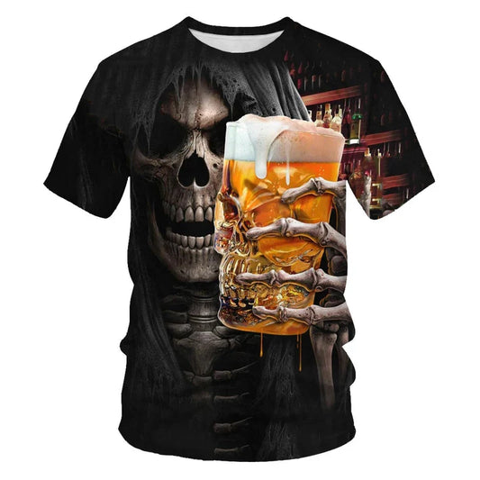 Skull Chug Society – 3D Beer-Drinking T-Shirt for Rockers, Rebels & Weekend Warriors