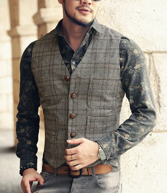 Men’s Vintage Tweed Plaid Vest – Classic Slim Fit Waistcoat for Weddings & Business