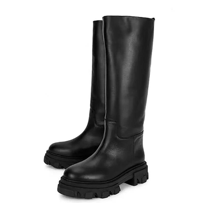 Women’s Cowhide Platform Riding Boots – Punk Leather Knee-Highs with Square Heels for Heavy Winter Impact