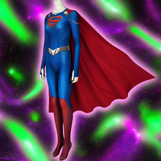 Supernova Showdown Ultra-Fitted Super Girl Cosplay Suit with Cape – Hollywood Metal Party Jumpsuit