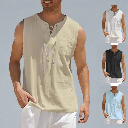 Rogue Linen Lace Up V-Neck Vest Tank For Men