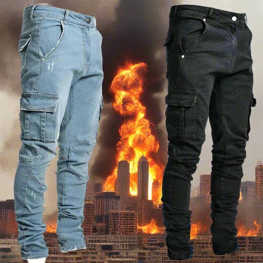 DENIM RAID: Men’s Galactic Street Cargo Jeans – Slim Fit Tactical Star Rebel Wash Edition