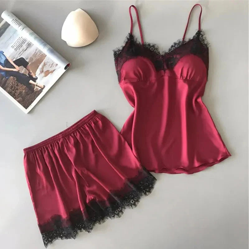 Midnight Siren Satin Pajama Set – Lace Trim Babydoll Sleepwear for Bold Summer Nights