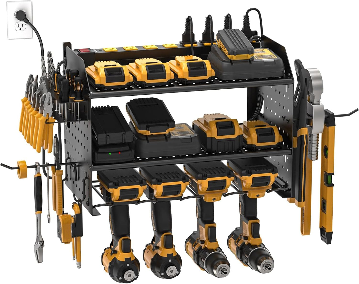 Power Tools Organizer Wall Mount, Cordless Drill Holder with 8-Outlet Power Strip, Modular Garage Organization Storage Rack 36 Months Warranty