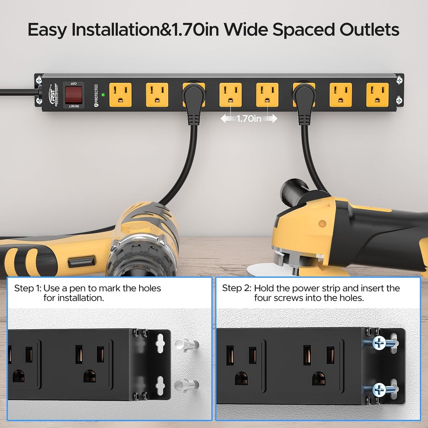 CRST 2 Pack 8 Outlet Metal Heavy Duty Power Strip  2100J Surge Protector 15A 1875W Mountable Wide Spaced Power Bar 6FT Flat Plug Extension Cord