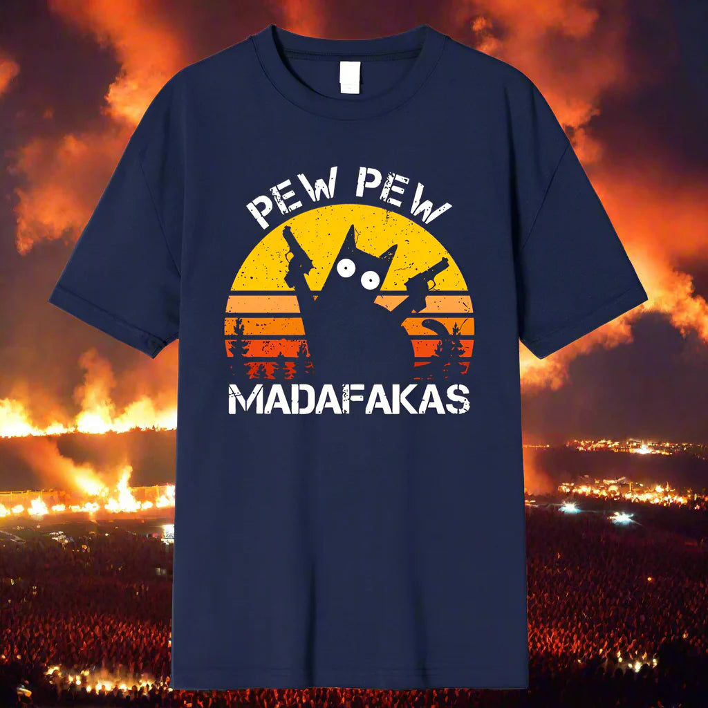 Pew Pew Mad King Cat T-Shirt – Locked, Loaded & Unleashed Chaos
