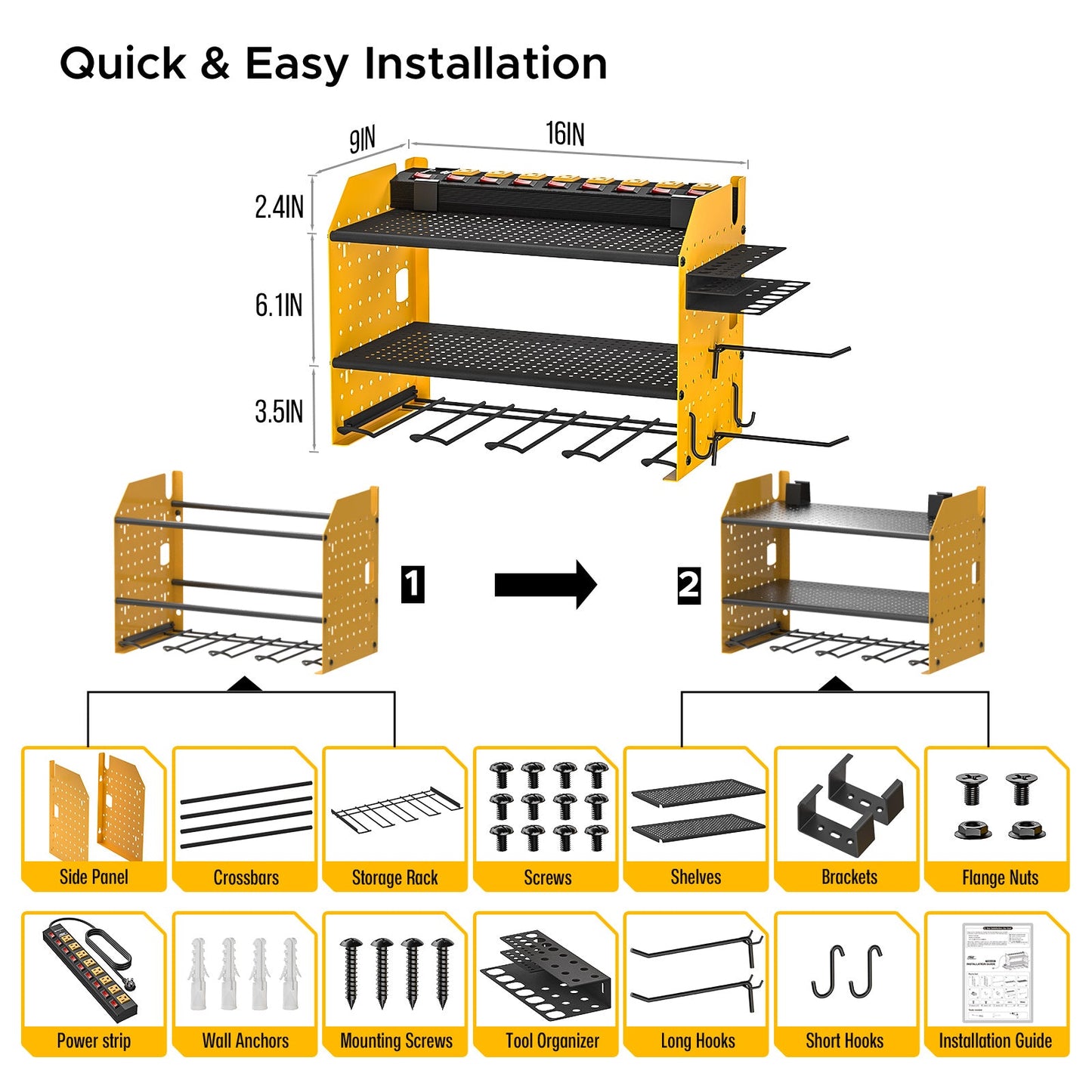 Power Tools Organizer Wall Mount, Cordless Drill Holder with 8-Outlet Power Strip, Modular Garage Organization Storage Rack 36 Months Warranty