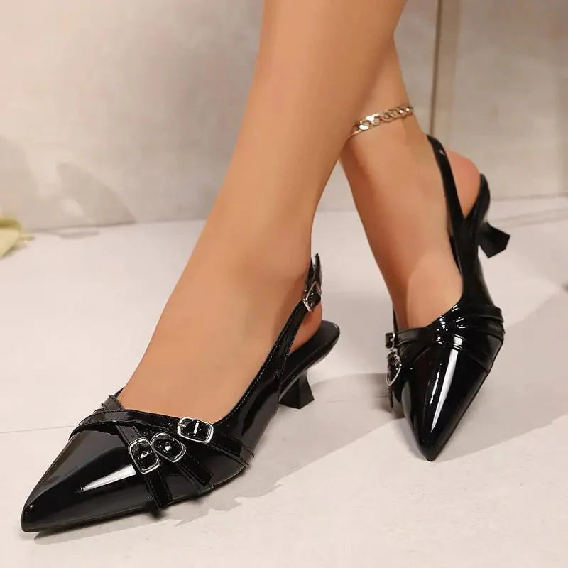 BLACK VENOM // Pointed Punk Metal Slingback Heels – 2025 Summer Spike Sandals for Women Who Own the Night