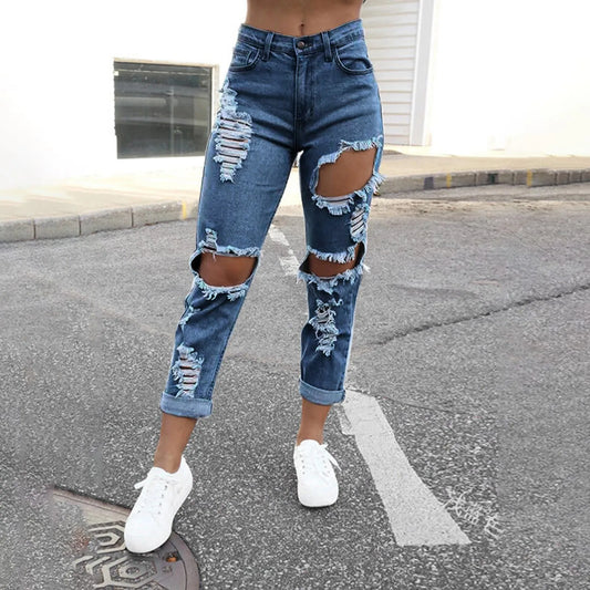 Chaos Stitch Ripped Denim Pants – Low-Waist Rebel Jeans for Women