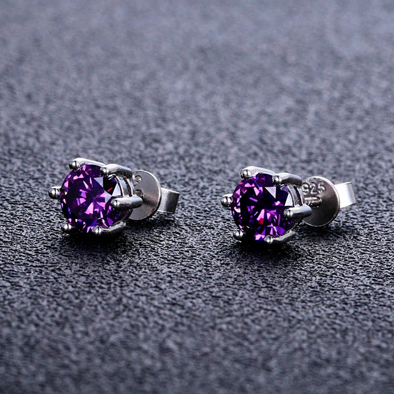 Twilight Spark Amethyst Studs – radiant round-cut silver earrings for weddings, nights out & everyday magic