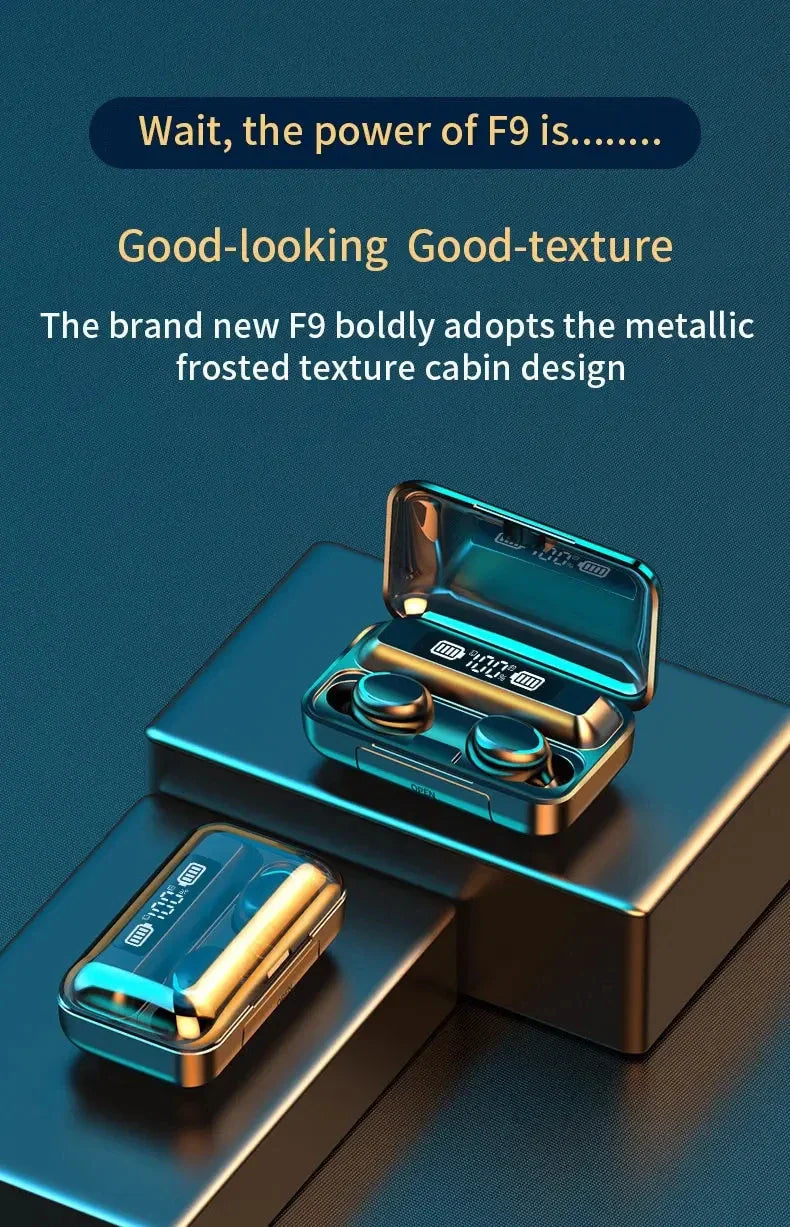 F9 PulsePods – Waterproof HiFi Bass Earbuds with LED Charge Display + Power Bank Case | Bluetooth 5.0, Touch Control, Noise-Canceling