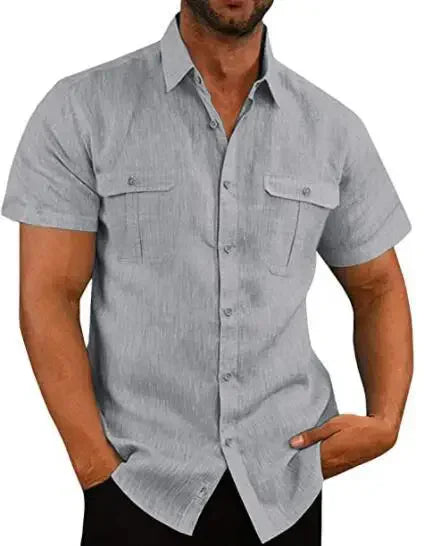 Rogue Wave Cotton Linen Short Sleeve Men’s Shirt – Summer Solid Color Casual Beach Style (M–5XL)