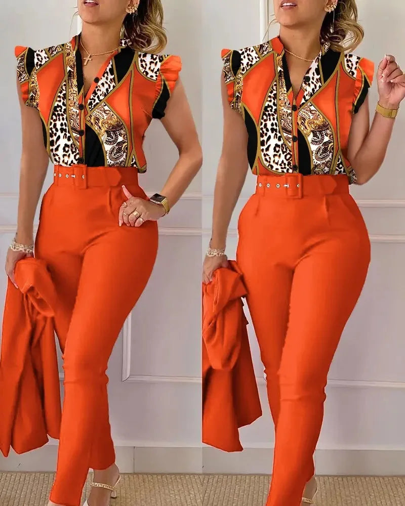 Women's Elegant Floral Slim Two-Piece Set - V-Neck Flying Sleeve Top & High-Waist Pencil Pants with Sash Belt